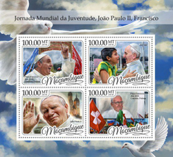 Мозамбик, 2016. (moz16429) День молодежи, папа Иоанн Павел II и Франциск  (мл+блок)