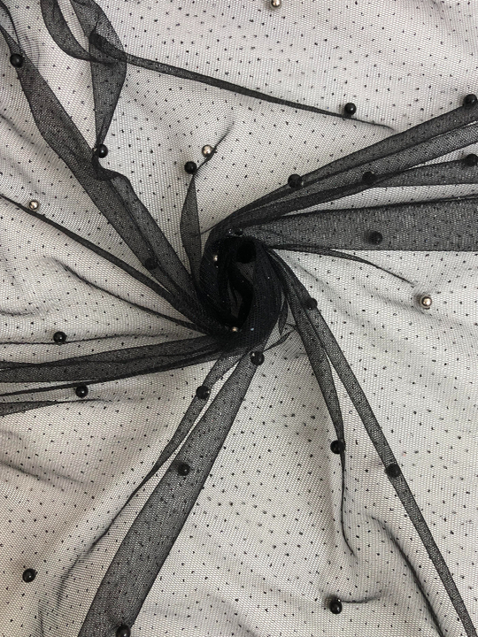 Сетка с бусами черный, бусы черн, глиттер АВ С1