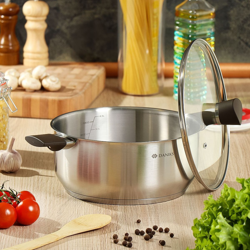 Кастрюля нерж, 4.8 л, с крыш, крышка стекло, Daniks, Savory, SD-A95-24, серебр, индукц