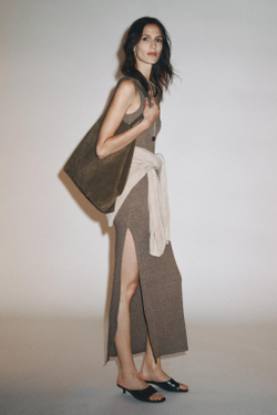 ZARA ПЛАТЬЕ МИДИ НА БРЕТЕЛЯХ, КОРИЧНЕВЫЙ МЕЛАНЖ