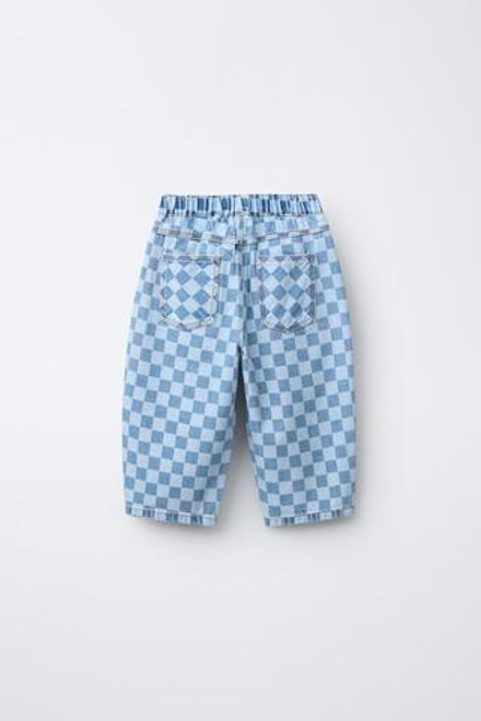 ZARA ДЖИНСЫ BALLOON С УЗОРОМ «ШАХМАТНАЯ ДОСКА», ВЫЦВЕТШИЙ СИНИЙ