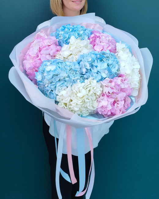 Большой ВАУ-букет из воздушной гортензии микс,9 веток(00264)