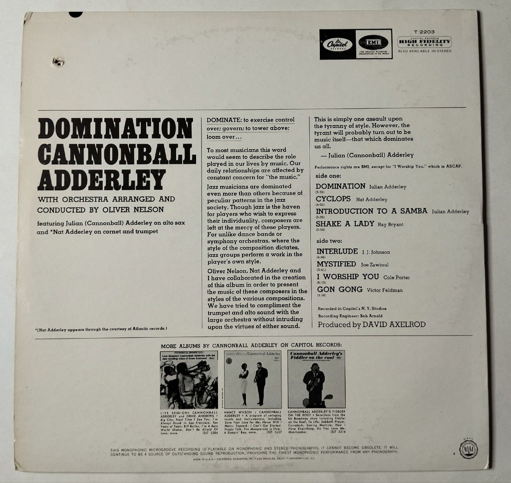 Винтажная виниловая пластинка LP Cannonball Adderley Domination (USA 1965)