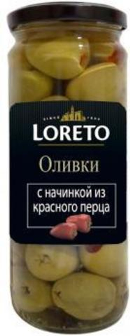 Оливки LORETO с красным перцем 450 гр в стеклянной банке Испания