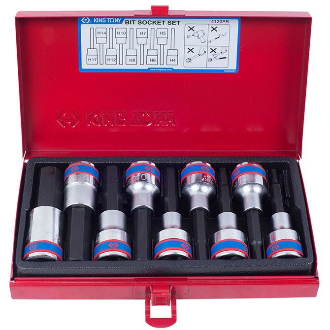 KING TONY (4120PR) Набор торцевых насадок 1/2", HEX, 4-17 мм, L = 80 мм, 9 предметов