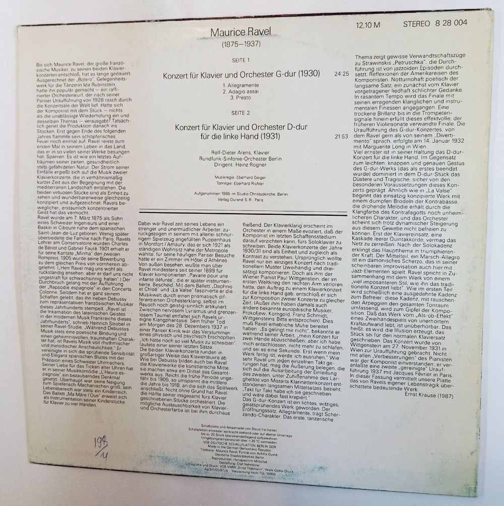 Винтажная виниловая пластинка LP Maurice Ravel Равель Sinfonie Orchester Berlin Klavierkonzert G dur (GDR 1987)