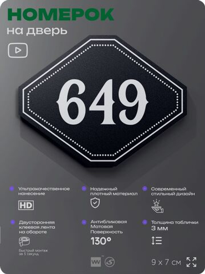 Номерок на дверь квартиры 649, для кабинета, офиса, шильдик 9 х 7 см, черный, Айдентика Технолоджи