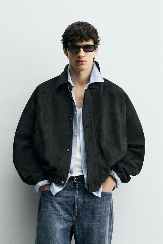 ZARA КУРТКА СВОБОДНОГО КРОЯ ИЗ ИСКУССТВЕННОЙ ЗАМШИ, ЧЕРНЫЙ