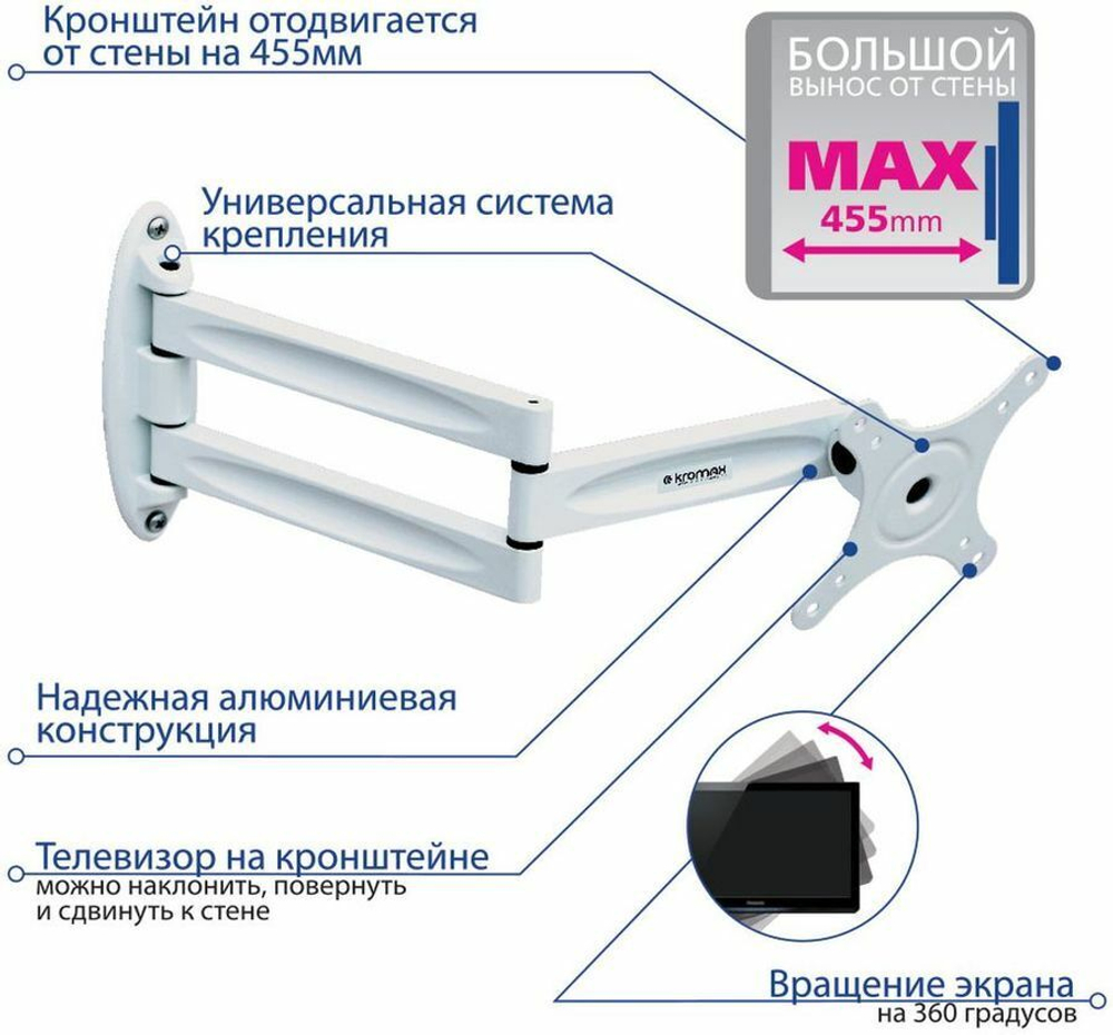 Кронштейн для телевизора Kromax TECHNO-11 белый 10"-32" макс.15кг настенный поворот и наклон (29002)
