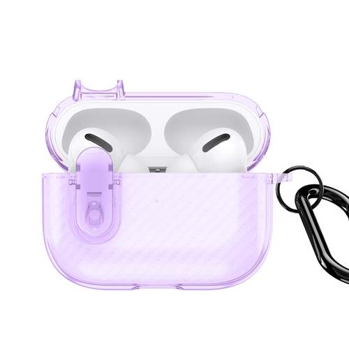 Чехол для наушников AirPods Pro 2, прозрачный фиолетового цвета с карбоновой текстурой от Dux Ducis, серия PECK Series Case, в комплекте с карабином