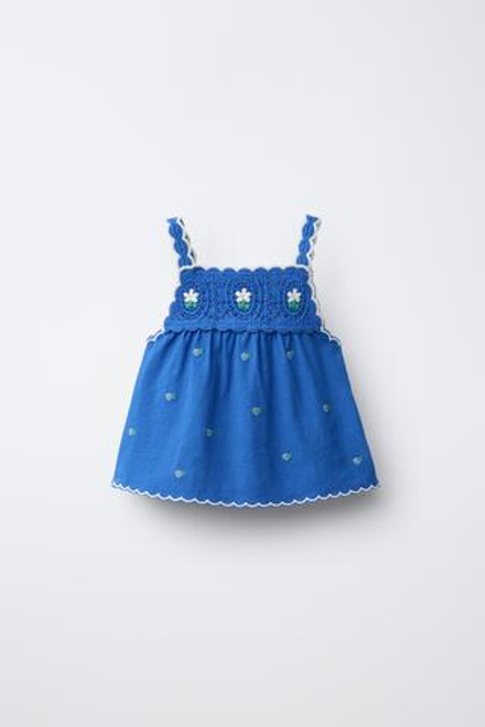 ZARA ТОП ИЗ КРУЖЕВА КРОШЕ С КОНТРАСТНЫМИ ДЕТАЛЯМИ, СИНИЙ ЭЛЕКТРИК