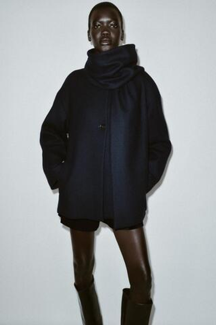 ZARA КОРОТКОЕ ПАЛЬТО ИЗ СМЕСОВОЙ ШЕРСТИ С ШАРФОМ, МОРСКОЙ СИНИЙ