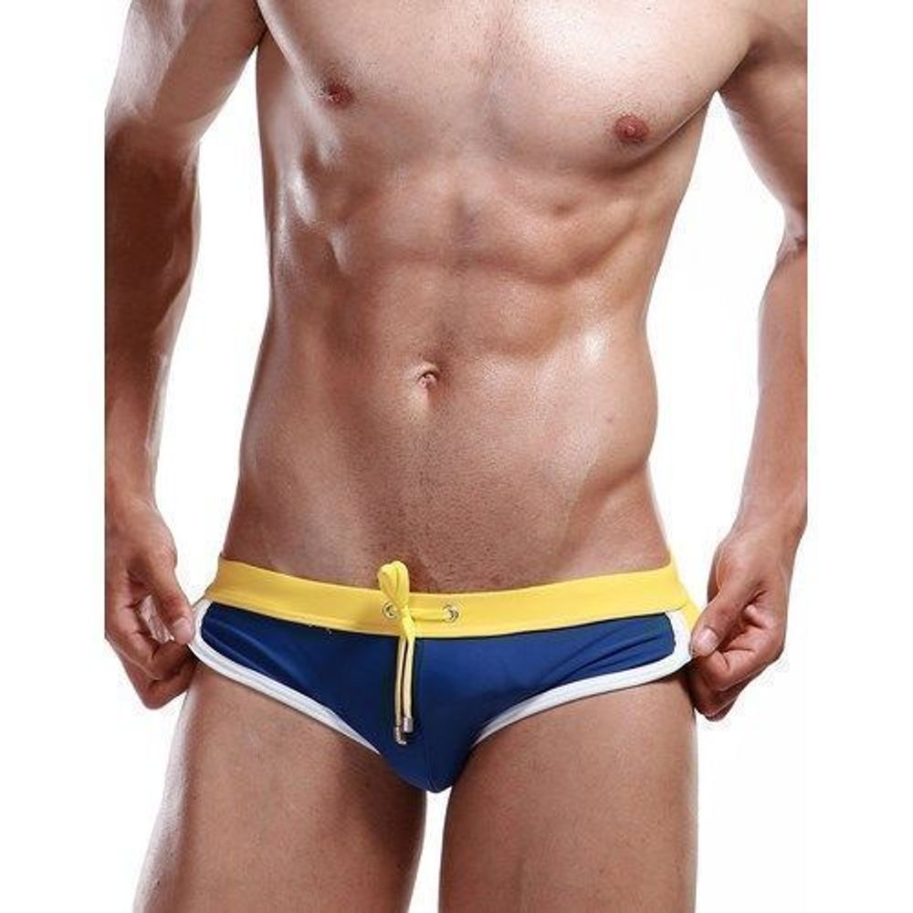 Мужские плавки брифы синие с желтым поясом SEOBEAN Swimsuit Blue Yellow