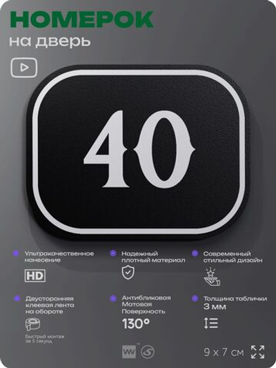 Номерок на дверь квартиры 40, для кабинета, офиса, шильдик 9 х 7 см, черный, Айдентика Технолоджи