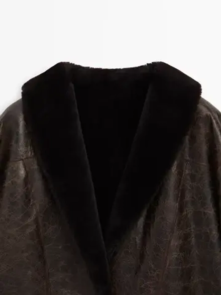 Massimo Dutti Пальто из мутоновой кожи с эффектом кракле, коричневый