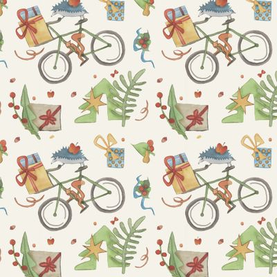 Новогодний с ежиками, велосипедом, елками и подарками