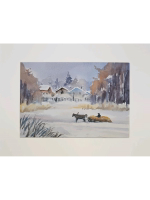 Картина авторская акварельная в паспарту 30х40 см на стену для интерьера "Зима в селе"