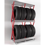 Двухуровневый подкатной стеллаж для шин на 2 комплекта (ширина до 255 мм) красного цвета, стальной каркас для гаража.