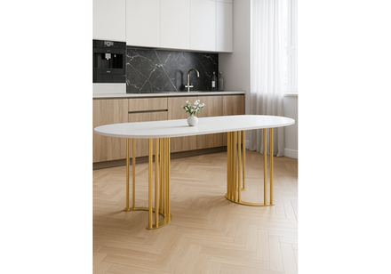 Стол деревянный Woodville Хьюго О 200 х 90 белая шагрень пленка, золотые ноги