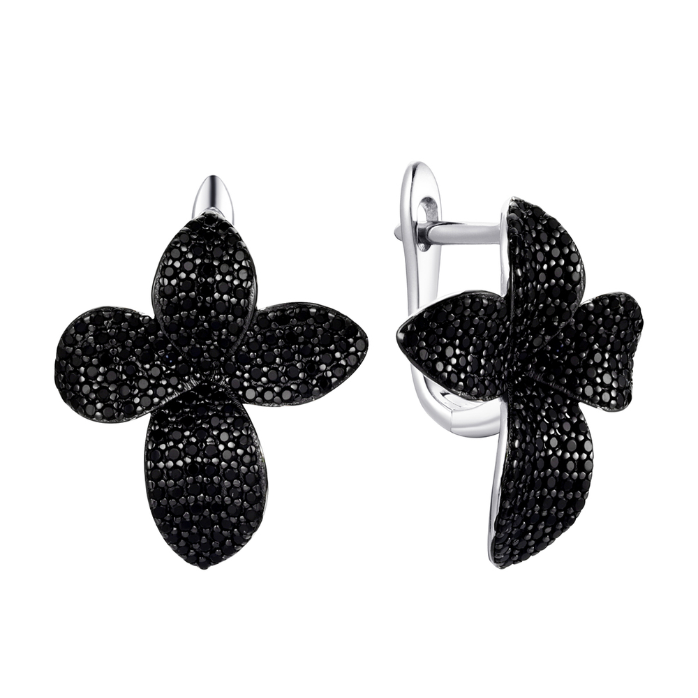 Серьги цветы серебряные черные серебро 925