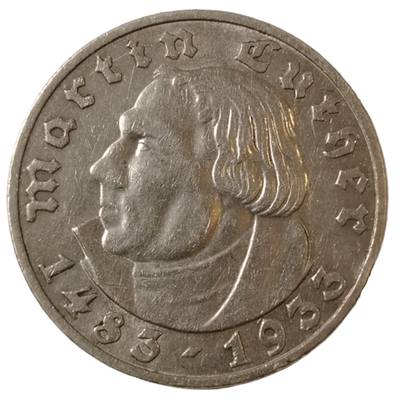 Монета 5 рейхсмарок 1933 г. "450 лет со дня рождения Лютера"