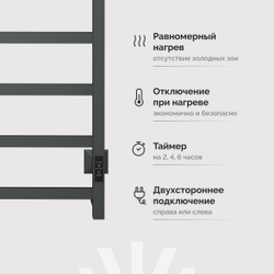 Полотенцесушитель электрический EWRIKA Пенелопа КВ7 80x55 см, подключение справа, слева, скрытое подключение справа, графит, лесенка, из стали, с полкой