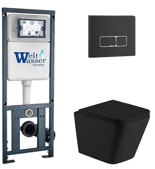 Унитаз подвесной WeltWasser MARBERG 410 + GELBACH 043 MT-BL + MAR 410 SE MT-BL черный матовый, безободковый, с крышкой микролифт, слив-торнадо, с инсталляцией и черной матовой кнопкой