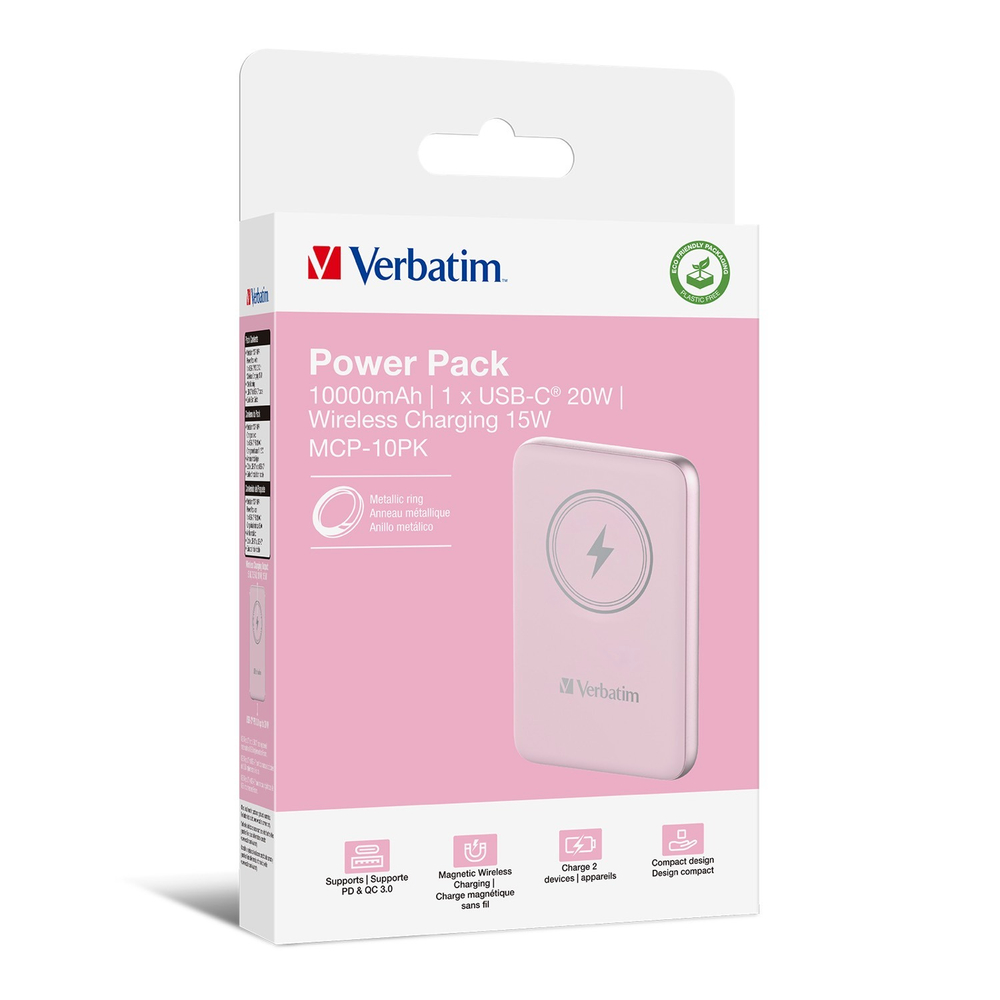 Портативный аккумулятор Verbatim Charge‘n’Go Power Bank 10000 мАч с беспроводной зарядкой, розовый
