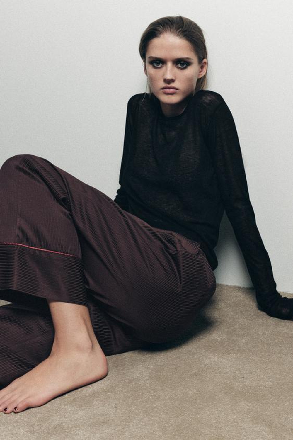 ZARA БРЮКИ В ПИЖАМНОМ СТИЛЕ В КОНТРАСТНУЮ ПОЛОСКУ, КОРИЧНЕВЫЙ