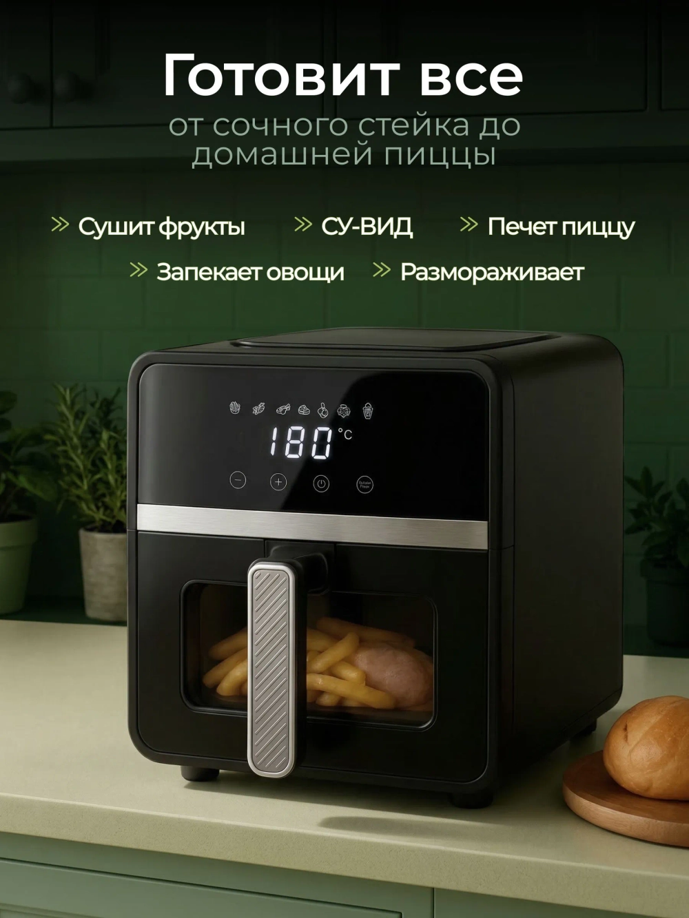 Аэрогриль мощный электрический на 6,5л черный