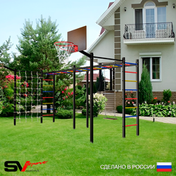 Уличная шведская стенка Sv Sport рукоход х 2 с комплектом турник прямой 2шт У50377К (Деревянные/Щит баскет/Кронш бокс/Сетка)