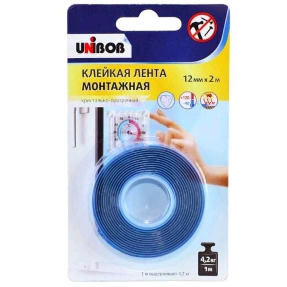 Лента клейкая  2-х сторонняя   12*  2м   (пена)  Кристально -Прозрачная  Unibob / 75541