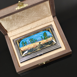 Визитница металлическая персональная "Картина Шишкина" (ручная роспись Палех)