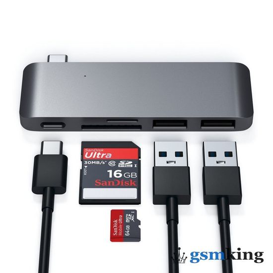 Satechi Type-C USB 3.0 Passthrough Hub (Type-C to 2 x USB 3.0 ports + SD card slot + Micro SD card + USB Type-C) Space Gray ST-TCUPM