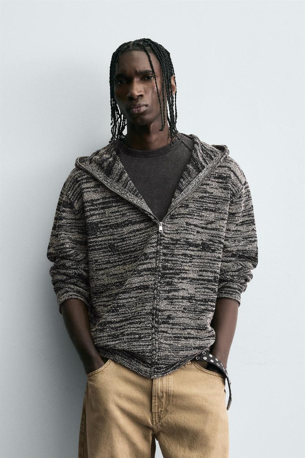 ZARA ВЯЗАНЫЙ КАРДИГАН С КАПЮШОНОМ, ЧЕРНЫЙ