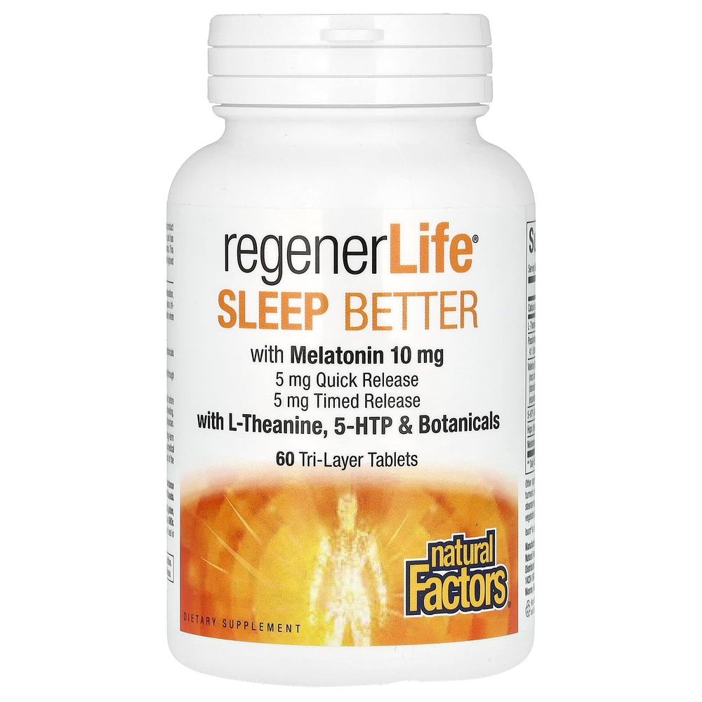 Natural Factors, RegenerLife, улучшение сна с мелатонином, L-теанином и растительными ингредиентами, 60 трехслойных таблеток