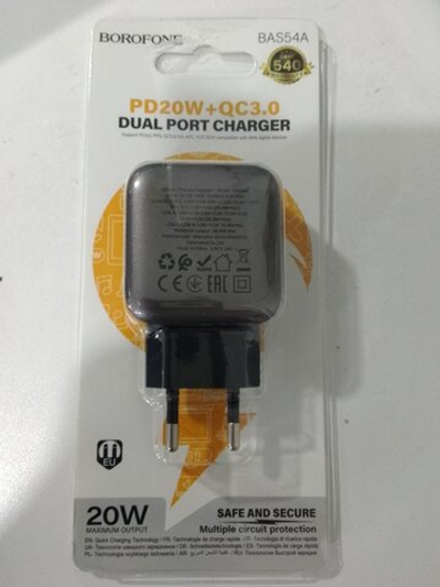 Сетевое зарядное устройство 1 USB, 1 Type-C Borofone BAS54A Absolute, пластик, PD20Вт, QC3.0, цвет: чёрный