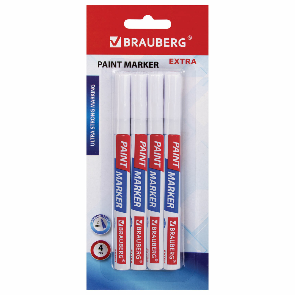 Маркер-краска лаковый EXTRA (paint marker) 2 мм БЕЛЫЕ набор 4 шт. усиленная нитро-основа BRAUBERG (3 штуки в упаковке)