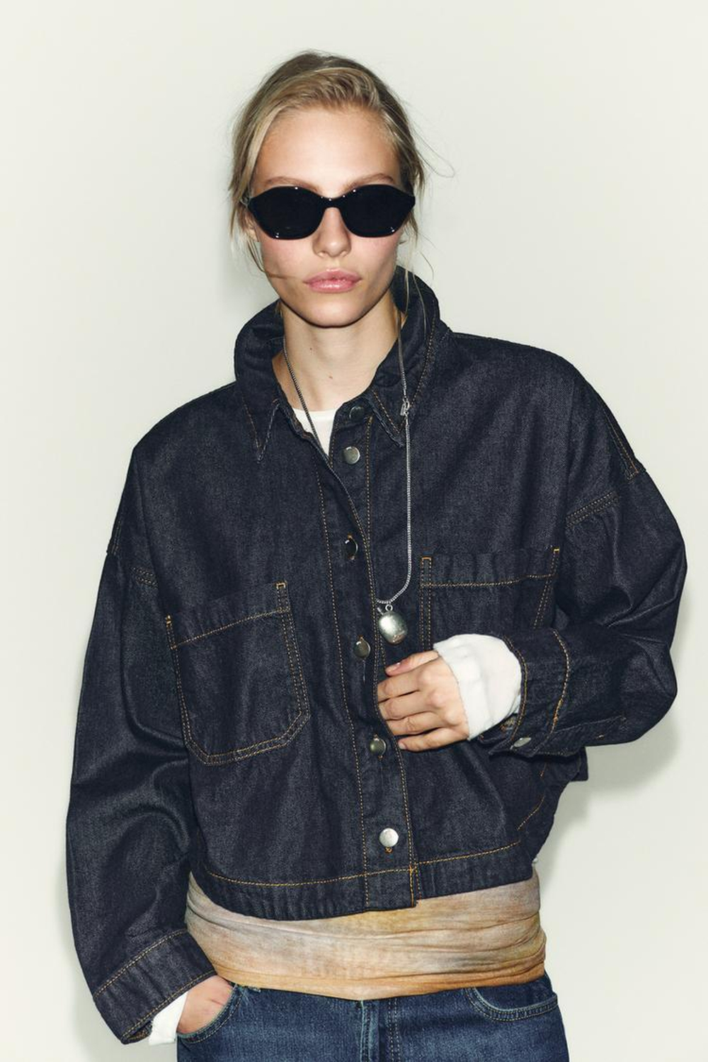 ZARA КОРОТКАЯ ДЖИНСОВАЯ РУБАШКА Z1975, СИНИЙ