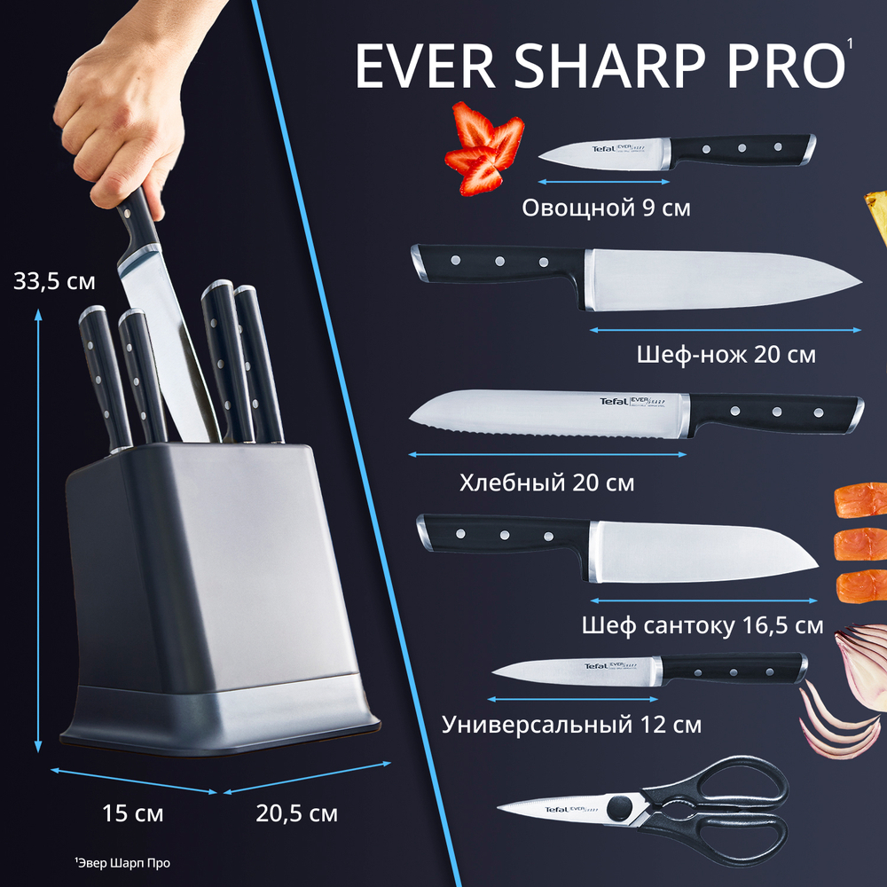 Набор ножей и блок Tefal Ever Sharp PRO со встроенной точилкой 6 предметов K297S744