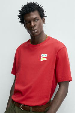 ZARA ФУТБОЛКА С МОРСКИМИ НАШИВКАМИ, ТЕМНО-РОЗОВЫЙ