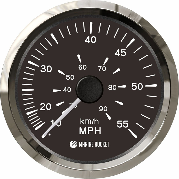 Спидометр манометрический 0-55 MPH, черный циферблат, нержавеющий ободок, д. 85 мм, Marine Rocket