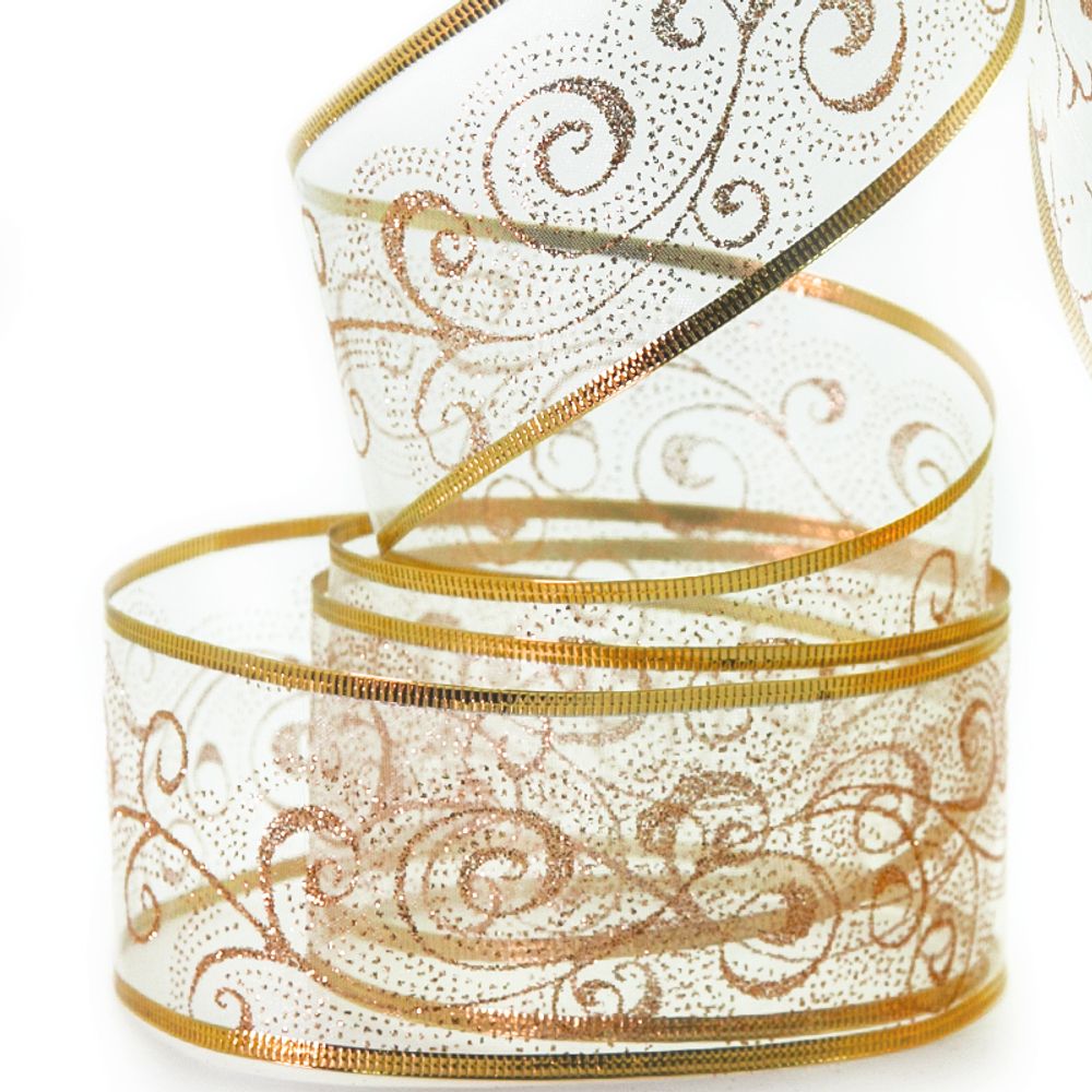 Лента декоративная (6 см*2,74 м) Ассорти дизайнов, Органза, Золото, 1 шт.