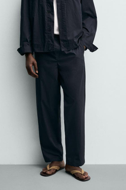 ZARA БРЮКИ STRAIGHT FIT ИЗ ПОПЛИНА, МОРСКОЙ СИНИЙ