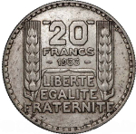 France, 20 Francs 1933 – "Turin" (Short Branches Variant), AU