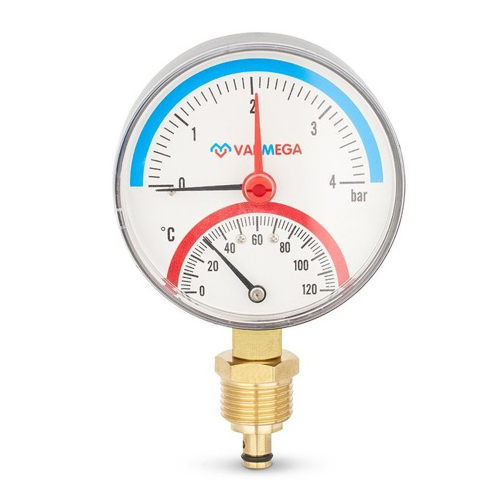 Термоманометр VARMEGA радиальный 80 мм, 4 бар, 120гр.С, 1/2", с отсекающим клапаном, VMMT07-800404