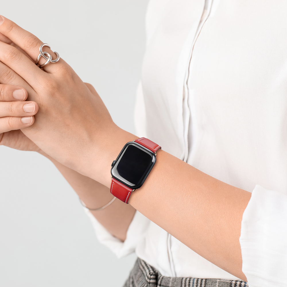 Ремешок из натуральной кожи красного цвета от Dux Ducis для смарт часов Apple Watch 42, 44, 45, 46, 49мм, серия YA Series