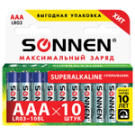Батарейки комплект 10 шт. SONNEN Super Alkaline AAA (LR03 24А) алкалиновые мизинчиковые короб (6 штук в упаковке)