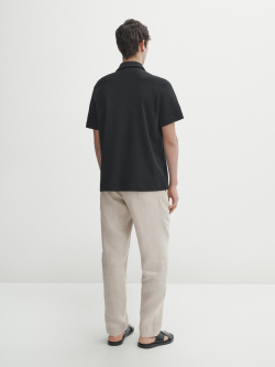 Massimo Dutti Хлопковая рубашка-поло с короткими рукавами и карманами, черный