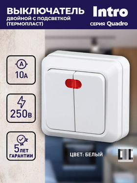INTRO Выключатель двухклавишный с подсветкой Quadro 2-105-01, белый